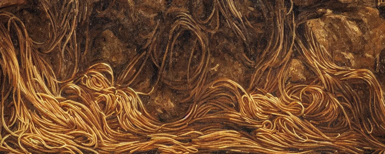 Image similar to wide shot spaghetti paintings on a cave wall, archaic, fine detail,