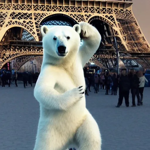 Image similar to a polar bear dancing by the eiffel tower