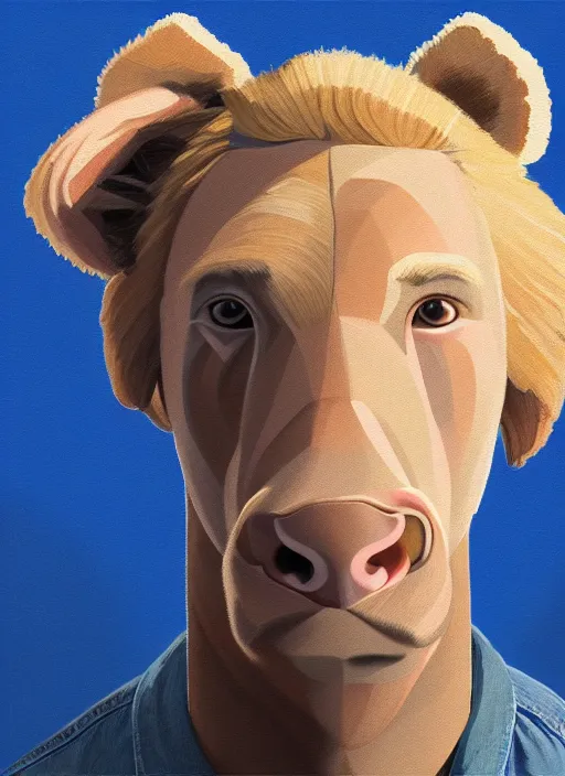 Image similar to portrait of high school senior boy named big moose, blonde short hair, jock, beefy, wide face, square jaw, square facial structure, blue varsity jacket with the word moose, intricate, elegant, glowing lights, highly detailed, digital painting, artstation, concept art, sharp focus, illustration, art by wlop, mars ravelo and greg rutkowski