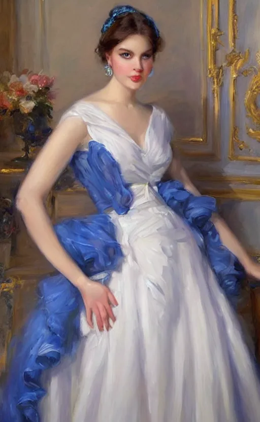 Prompt: Elegant laydy in blue Neoclassical. By Konstantin Razumov, highly detailded