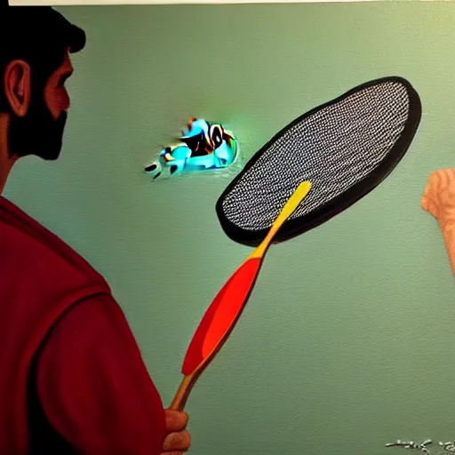 Prompt: hyperrealism painting from the housefly perspective getting swatted at from an angry man with a fly swatter