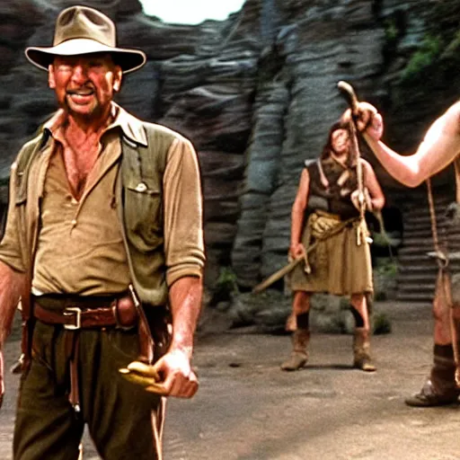 Prompt: Indiana Jones using his whip on scared dwarves