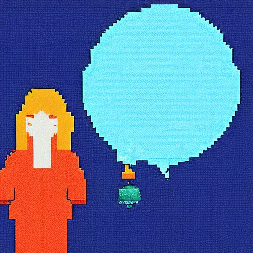 Image similar to A lonely depressed poor girl holding a blue balloon at night on a lonely island, pixel art