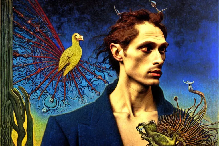 Image similar to realistic detailed portrait painting of a man with head of a bird, nightly graveyard landscape background by Max Ernst, Jean Delville, Amano, Yves Tanguy, Alphonse Mucha, Ernst Haeckel, Edward Robert Hughes, Roger Dean, masterpiece, cinematic composition, dramatic pose, 4k details, rich moody colours, blue eyes