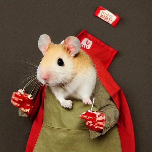 Image similar to an immortal dead hamster in a butcher's suit with an evil face, in an apron covered in blood, holding cleavers in his hands. the hamster has 4 arms. front view.