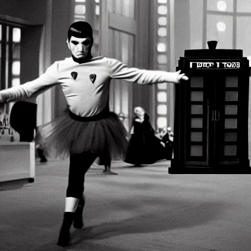 Prompt: spock in a tutu exiting the tardis