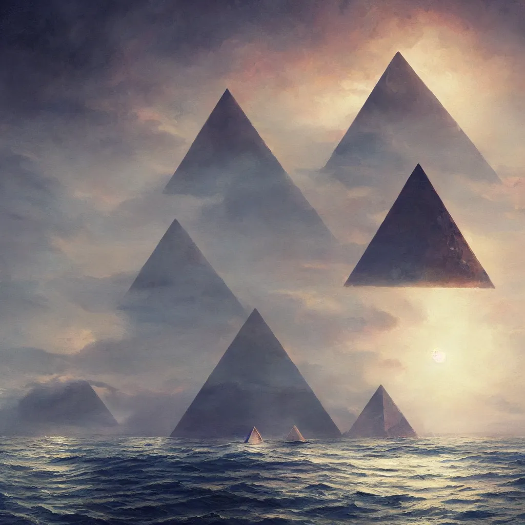 Prompt: A beautiful painting of A Pyramid at Sea by John Harris and Greg Rutkowski,hyper detailed,4k,digital art,Retro Futurism Art