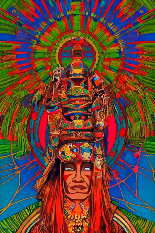 Image similar to A psychedelic painting of a Hopi kachina doll, symmetrical features, cinematic lighting, soft bokeh, fantasy, modern, colourful, highly detailed, digital painting, artstation, deviantart, concept art, sharp focus, illustration, by alphonse mucha