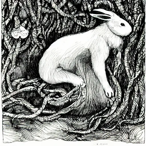 Image similar to a pen and ink drawing of a white rabbit smoking a cigarette while reclining in a deep dark tangled forest, a lingering smoke cloud, childrens book illustration, by edward gorey, by gustav dore