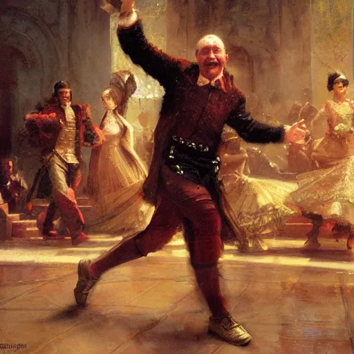 Image similar to an elated renaissance chancellor, dancing a jig, character portrait by greg rutkowski, gaston bussiere, craig mullins