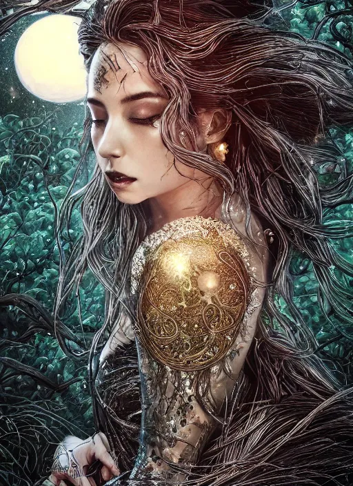 Image similar to glowing silver and golden elements, full close-up portrait, A beautiful dark witch in front of the full big moon, book cover, green forest, red white black colors, establishing shot, extremly high detail, foto realistic, cinematic lighting, pen and ink, intricate line drawings, by Yoshitaka Amano, Ruan Jia, Kentaro Miura, Artgerm, post processed, concept art, artstation, matte painting, style by eddie, raphael lacoste, alex ross