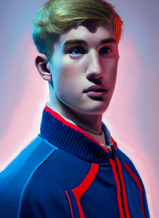 Image similar to portrait of high school senior boy named big moose, blonde short hair, jock, beefy, wide face, square jaw, square facial structure, blue varsity jacket with letter r, intricate, elegant, glowing lights, highly detailed, digital painting, artstation, concept art, sharp focus, illustration, art by wlop, mars ravelo and greg rutkowski