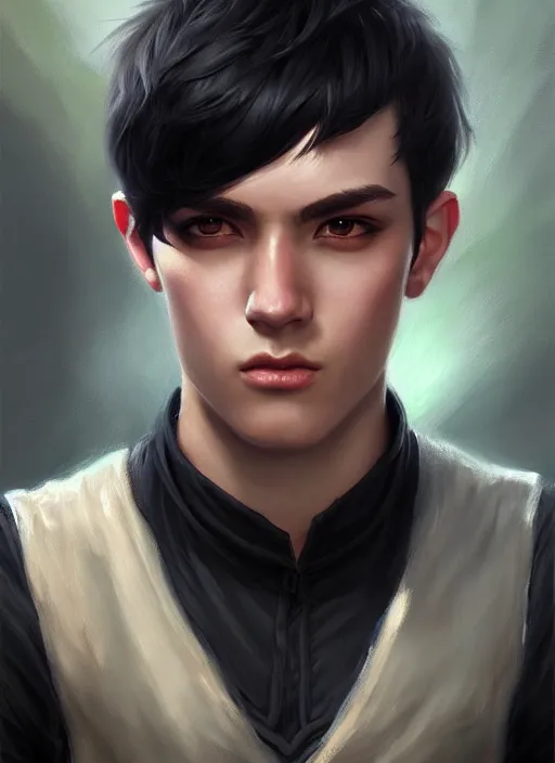 Image similar to a _ fantasy _ style _ portrait _ painting _ of young adult male, very short black fringe hair, round face, rpg dnd oil _ painting _ unreal _ 5 _ daz. _ rpg _ portrait _ extremely _ detailed _ artgerm _ greg _ rutkowski _ greg