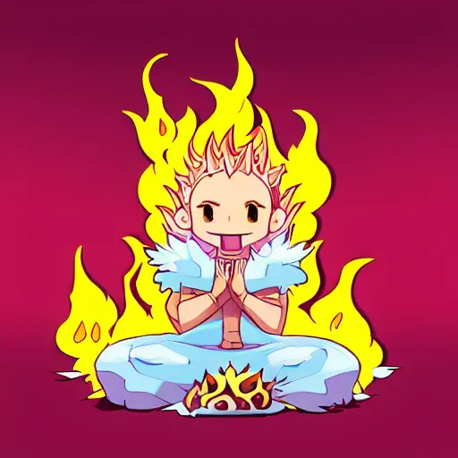 Image similar to fluffy popcorn elemental spirit anime character with a smiling face and flames for hair, sitting on a lotus flower, clean composition, symmetrical