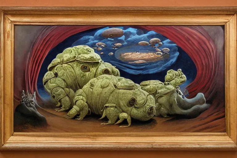 Image similar to a palanquin on top of a giant tardigrade retro japanese monster slimy leather, extra wide, oil painting, 7 0 s vintage art, by georgia o keeffe, by gustave dore, by frank frazetta, nausicaa