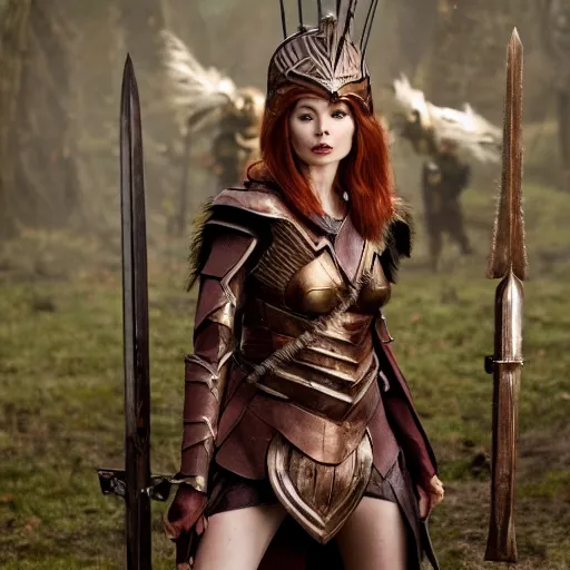 Prompt: full body photo of karen gillan as a valkyrie warrior with weapons
