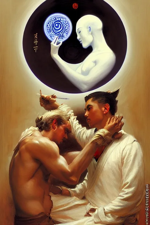 Image similar to male, taoism, yin - yang, painting by gaston bussiere, greg rutkowski, j. c. leyendecker, artgerm