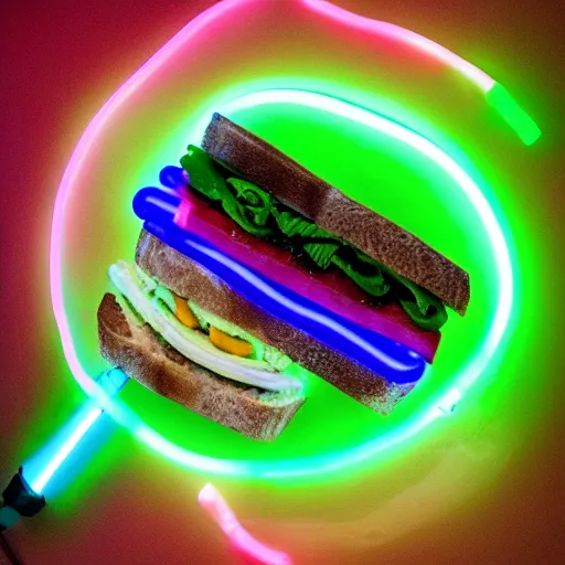 Image similar to an extremely high quality photo of a surreal neon-lightsaber-sandwich, ((sandwich)) creation, a hybrid mixture of lightsabersandwich filled with lightsaber neons and sandwichlightsaberneontube patties, neon tubesauce drizzled, lightsaber lettuce, glowing sandwich, promotional photo, 4k polymer clay food photography