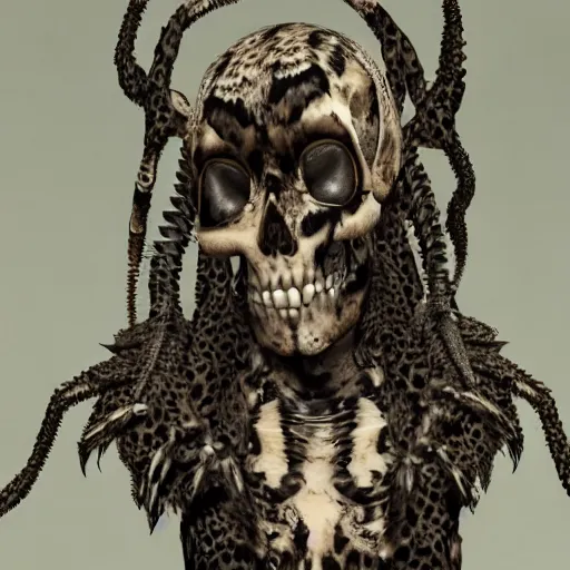 Image similar to Skull that look too much like skull!, crypt lurker!!, 8k CG character rendering of a spider-like hunting female on its back, fangs extended, wearing a leopard-patterned dress, set against a white background, with textured hair and skin.