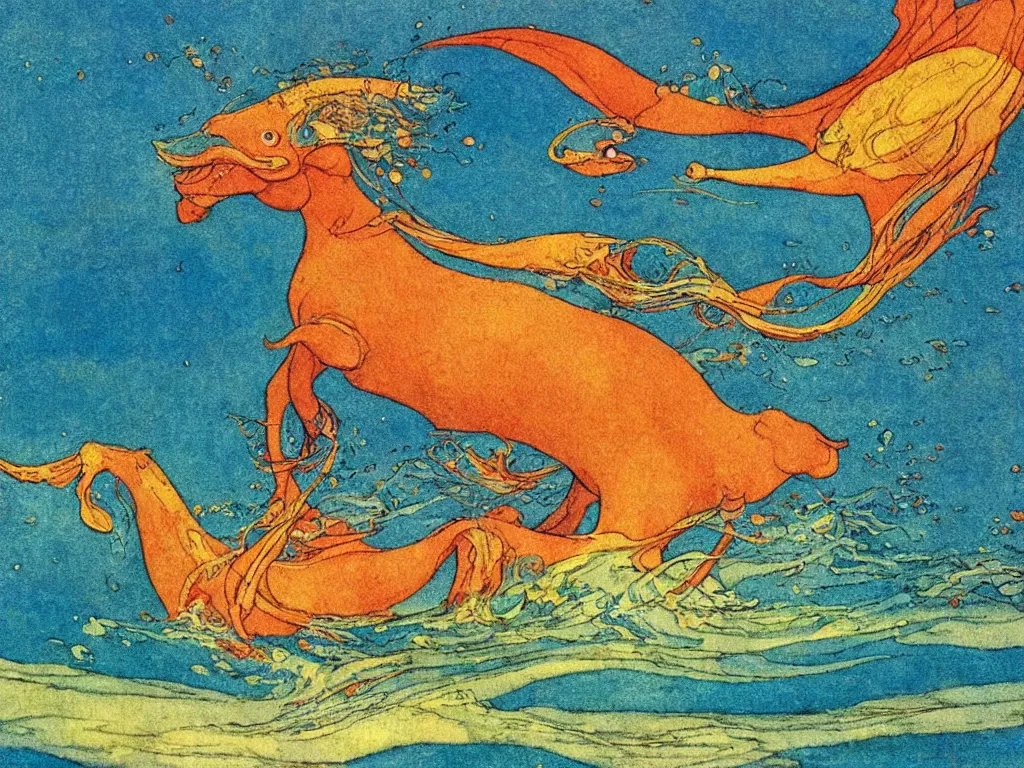 Image similar to an extremely colorful depiction of a hippocampus in the sea, from a book of fairy tales illustrated by edmund dulac