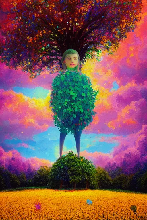 Prompt: giant flower face, girl standing in flower field, surreal photography, big trees, sunrise dramatic light, impressionist painting, colorful clouds, digital painting, pointillism, artstation, simon stalenhag