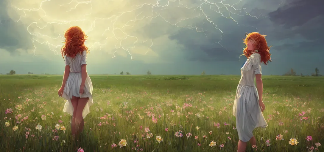 Image similar to a beautiful southern woman named Savannah, innocent, sad turquoise eyes, freckles, long ginger hair tied with white ribbon, relaxed in a field of flowers on a farm, gentle lighting, storm in the distance, somber, western clothing, dress, digital art by Makoto Shinkai ilya kuvshinov and Wojtek Fus, digital art, concept art,