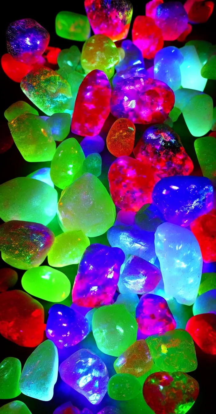 Prompt: realistic photo of colorful transparent stones, glowing light from behind, very sharp focus, in the style of greg rutswoski, very hyper realistic, highly detailed, fantasy art station