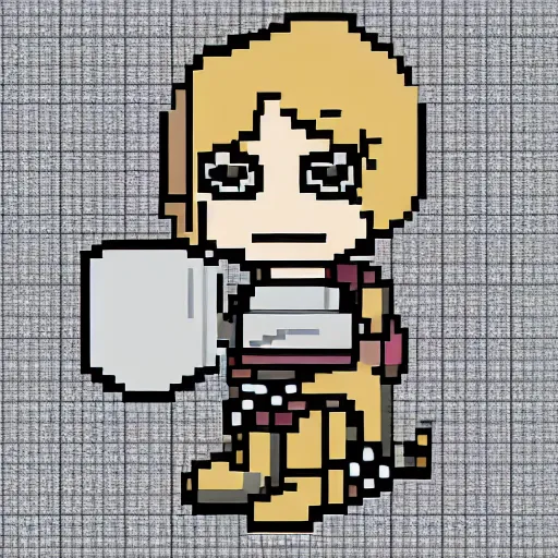 Prompt: girl in armor with sword and shield sitting in a tea cup, chibi style, pixel art