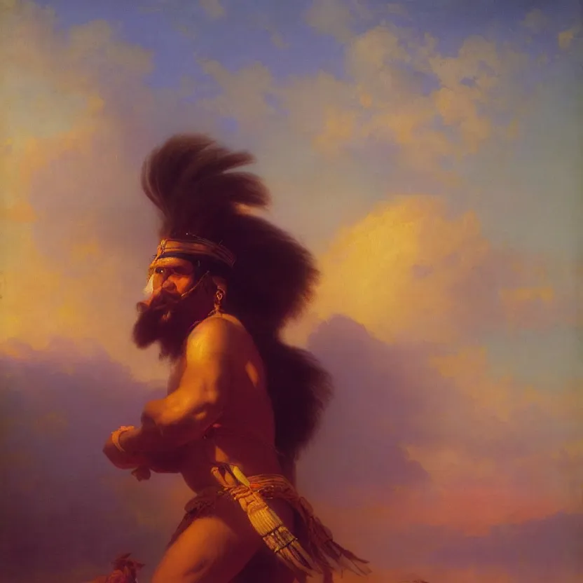 Image similar to handsome navaho god in a loincloth, posing against a royal purple backdrop by ivan aivazovsky, oil painting, beautiful soft lighting, saturated colours, artstation