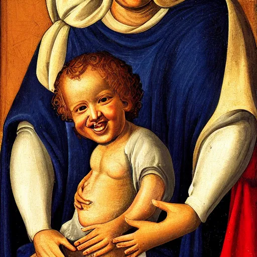 Prompt: painting benjamin netanyahu smiling while being held by his mother, tempera on wood, crevole madonna inspired, by duccio