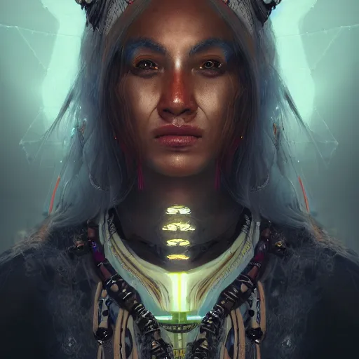 Prompt: detailed portrait of a futuristic sci - fi shaman in an impressive scene. extremely detailed. beautiful lighting. trending on artstation.