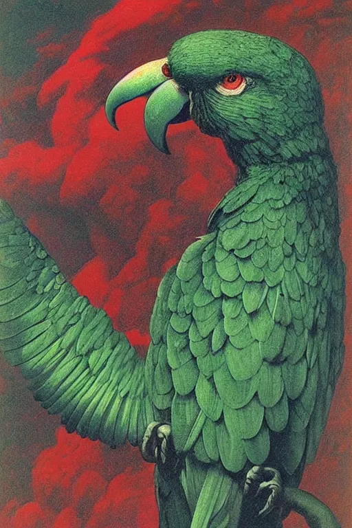 Image similar to beautiful emerald green parrot with red aura and eyes, by zdzisław beksinski, by gustave dore