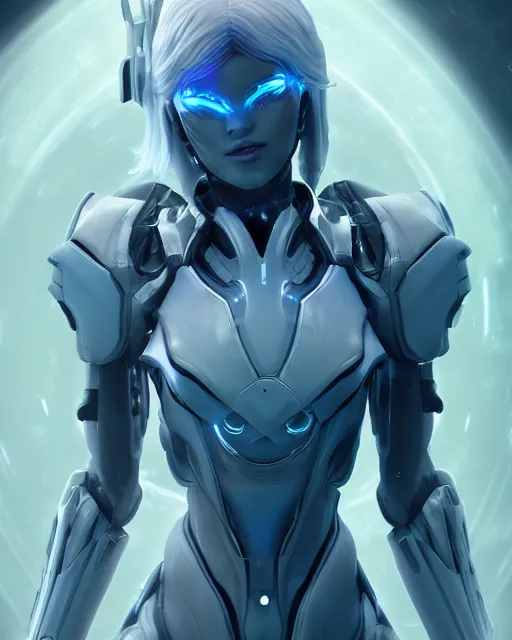 Image similar to perfect android girl on a mothership, warframe armor, beautiful face, scifi, futuristic, galaxy, nebula, raytracing, dreamy, long white hair, blue cyborg eyes, sharp focus, cinematic lighting, highly detailed, artstation, divine, by gauthier leblanc, kazuya takahashi, huifeng huang