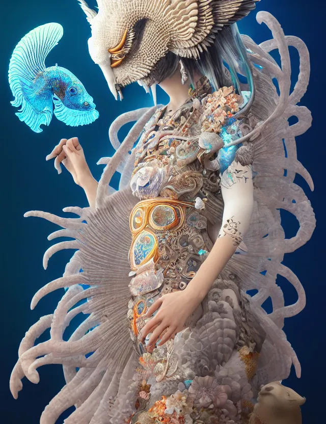 Image similar to 3 d goddess close - up 3 / 4 portrait with ram skull. beautiful intricately detailed japanese crow kitsune mask and clasical japanese kimono. betta fish, jellyfish phoenix, bio luminescent, plasma, ice, water, wind, creature, artwork by tooth wu and wlop and beeple and greg rutkowski