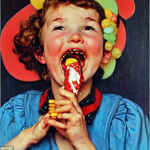 Prompt: An adorable happy woman chews on a candy as a liquid flows from her mouth. Norman Rockwell painting