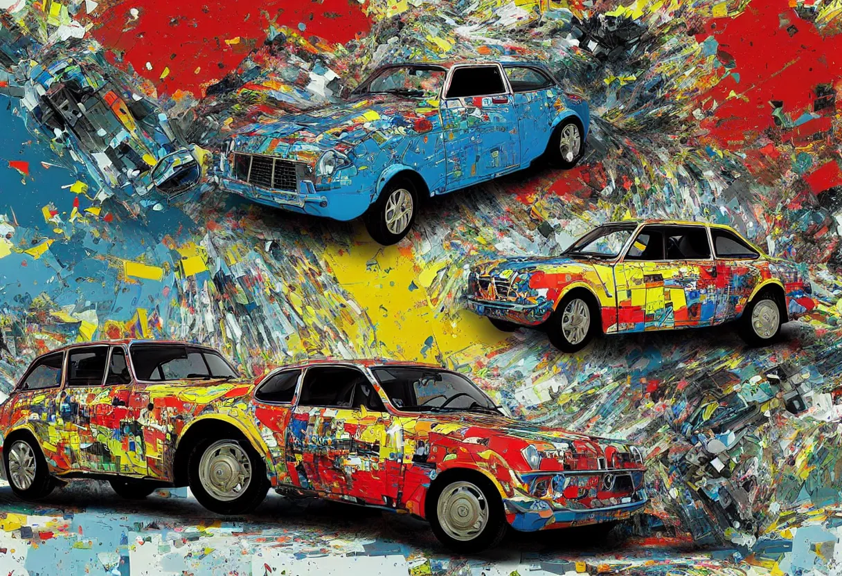 Image similar to yugo car against concrete wall as pop art, matte painting, hyperdetailed, coherent, art nouveau, beautiful render, concept art by mimmo rotella and paul robertson