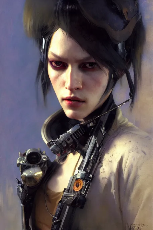 Image similar to full character portrait max mad cyberpunk, a future sniper girl character design, final fantasy face, painting by gaston bussiere, katsuya terada, nc wyeth, greg rutkowski, craig mullins, vermeer, trending on artstation, jeffery catherine jones