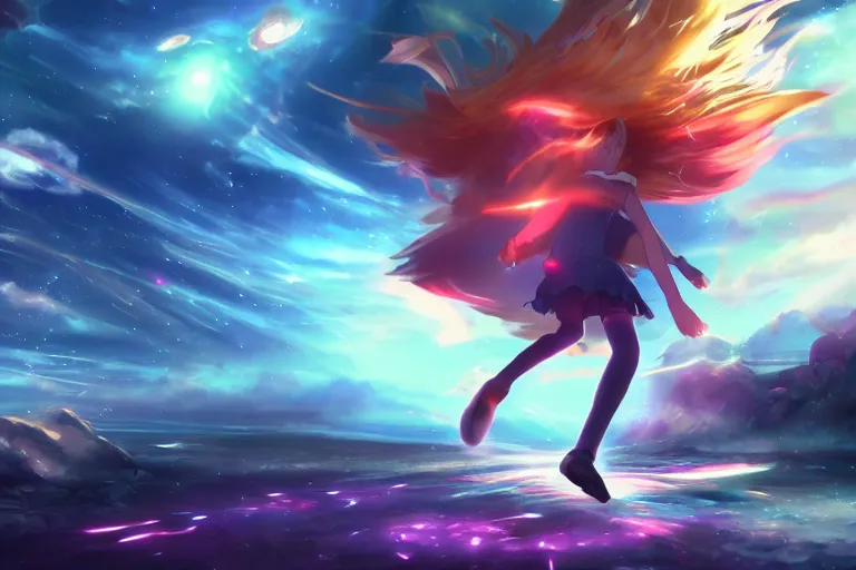 Image similar to anime young girl running towards a cosmic portal, official media, wlop, concept art, digital painting, trending on artstation, highly detailed, epic composition, 8 k uhd