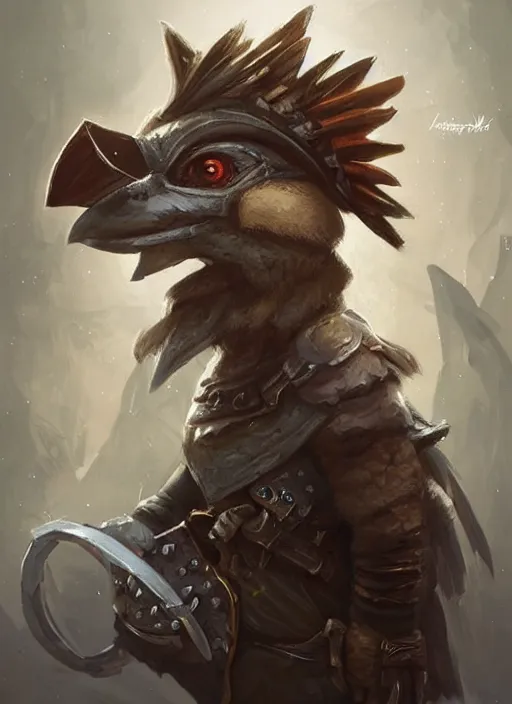 Image similar to cute little anthropomorphic rockfowl bandit wearing Karrus's shroud, tiny, small, miniature animal, baby animal, short, pale black armor, cute and adorable, pretty, beautiful, DnD character art portrait, matte fantasy painting, DeviantArt Artstation, by Jason Felix by Steve Argyle by Tyler Jacobson by Peter Mohrbacher, cinematic lighting