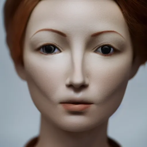 Prompt: portrait photograph of an incredibly realistic porcelain woman. Macro details. 8k.