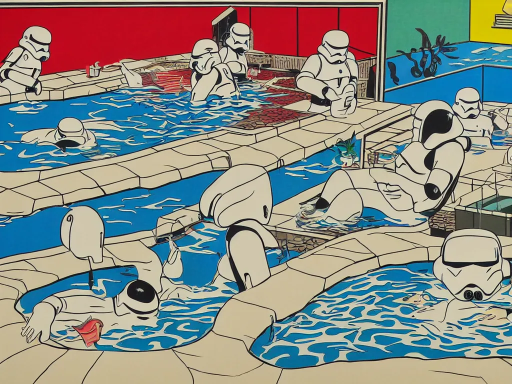 Image similar to hyperrealism composition of the japanese house with a hot springs in the garden, two detailed stormtroopers bathe in a hot spring, pop - art style, jacky tsai style, andy warhol style, roy lichtenstein style, acrylic on canvas