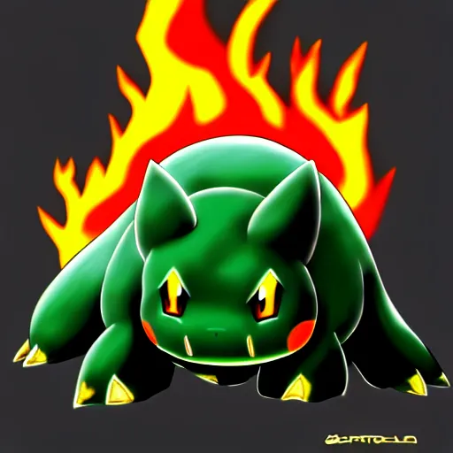 Image similar to black bulbasaur fire type pokemon , digital art , trending on artstation