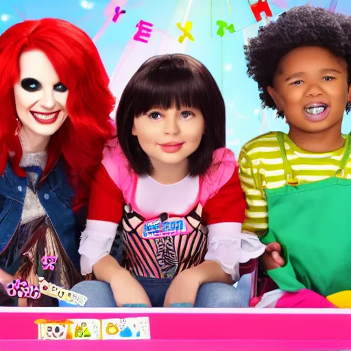 Image similar to jigsaw doll hosts a children’s tv show