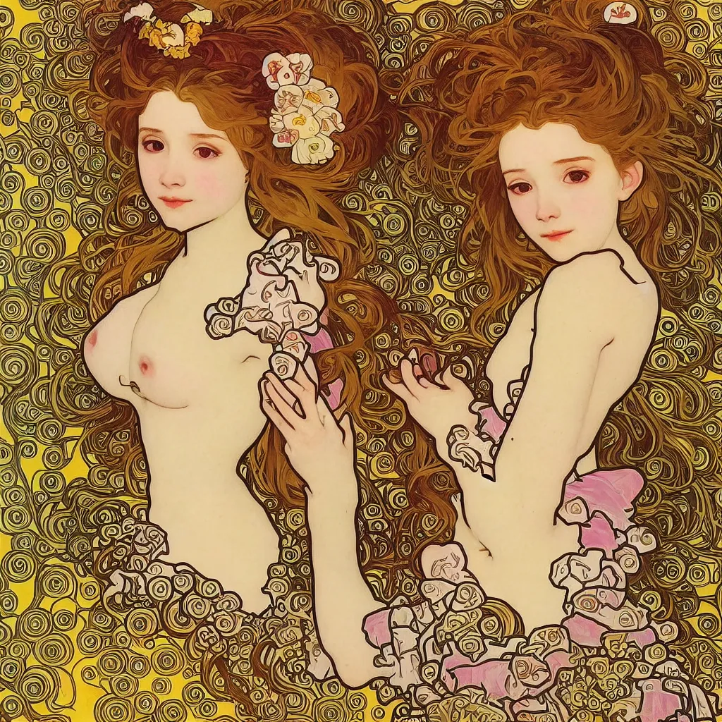 Image similar to Belle Delphine made with a combination of the art styles of Alphonse Mucha and Gustav Klimt. Masterpiece. High Quality Details