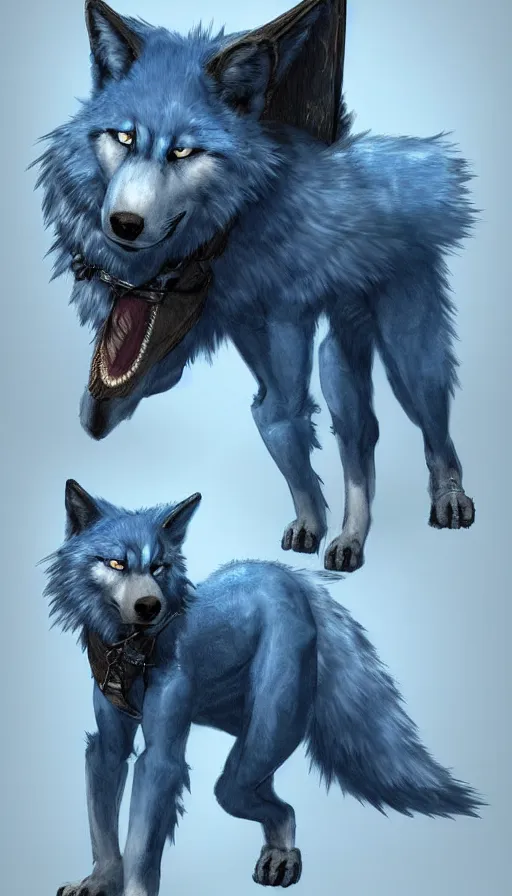 Image similar to dieselpunk blue wolf with fuzzy tail, concept art, dramatic, fantasy, pixiv