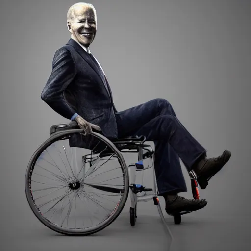 Image similar to hyperrealistic mixed media image of joe biden in a wheelchair wearing a bicycle!! helmet!!, stunning 3 d render inspired art by istvan sandorfi and greg rutkowski, perfect facial symmetry, realistic, highly detailed attributes and atmosphere, dim volumetric cinematic lighting, 8 k octane extremely hyper - detailed render, post - processing, masterpiece,