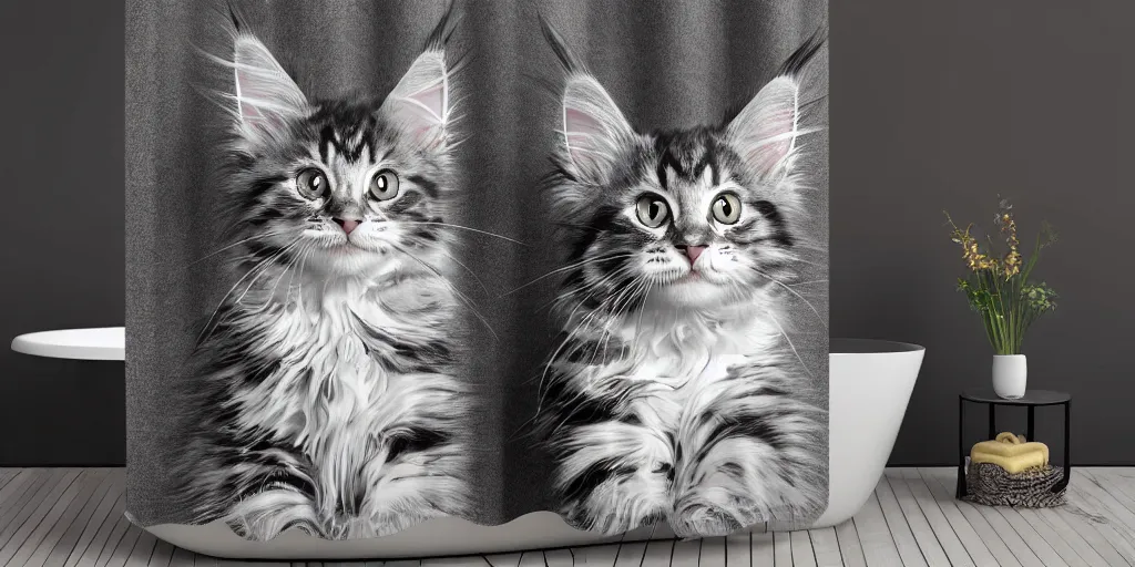 Prompt: a maine coon kitten artwork themed shower curtain, shower curtain. digital art. product photography. product lighting. 4 k, highly detailed. saturated. toy story ( film ).