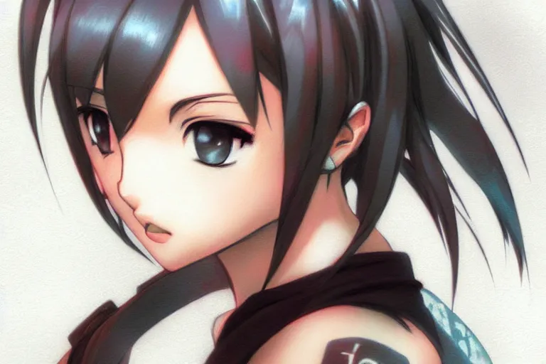 Image similar to sultry look in her eyes Yuffie Kisaragi close-up portrait looking straight on, complex artistic color pencil sketch illustration, full detail, gentle shadowing, fully immersive reflections and particle effects, chromatic aberration.