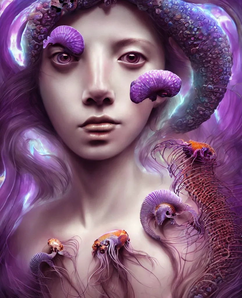 Image similar to goddess close-up portrait of princess face and ram skull. eyes. jellyfish phoenix head, nautilus, orchid, skull, betta fish, bioluminiscent creatures, intricate artwork by Tooth Wu and wlop and beeple. octane render, trending on artstation, greg rutkowski very coherent symmetrical artwork. cinematic, hyper realism, high detail, octane render, 8k