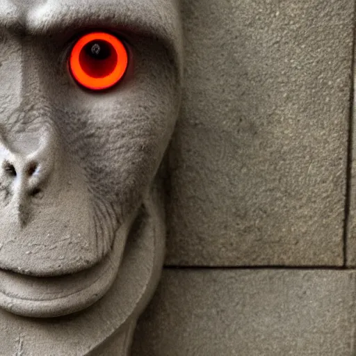 Prompt: a monkey made of stone, with glowing red eyes